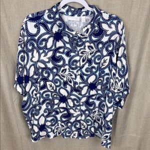 Susan Graver Pure Women’s XL. Button Up Print‎ Linen Blend Short Sleeve Top